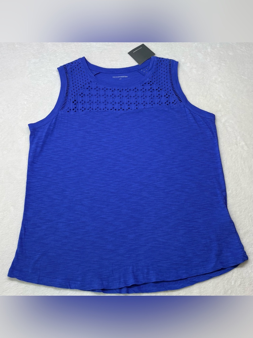 Denver Hayes Bright Blue Eyelet Lace Slub Knit Sleeveless Top Size Large NWT - Picture 2 of 10